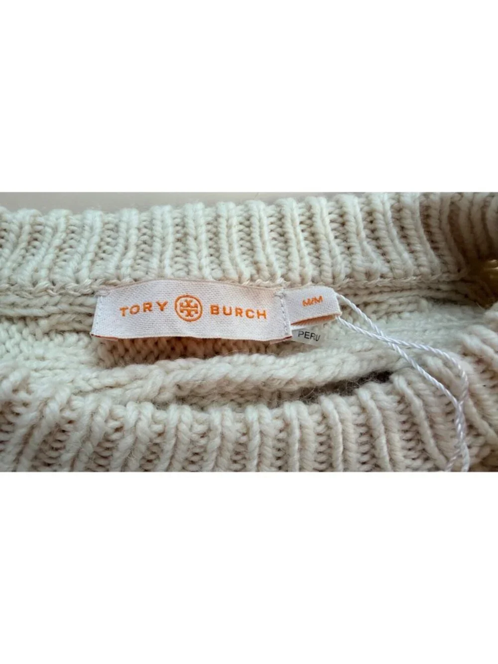 Tory Burch Kendra Fringe Cable Knit Sweater Cream Womens M Crewneck
